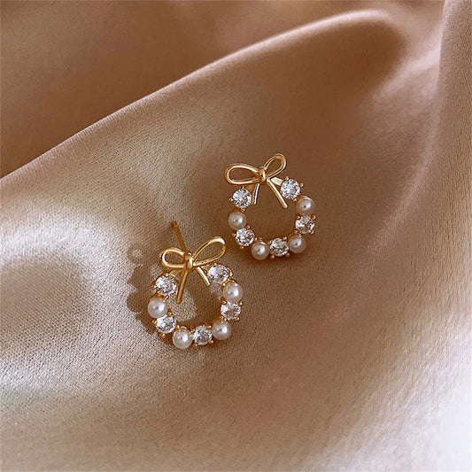Bow Crystal Pearl Earrings