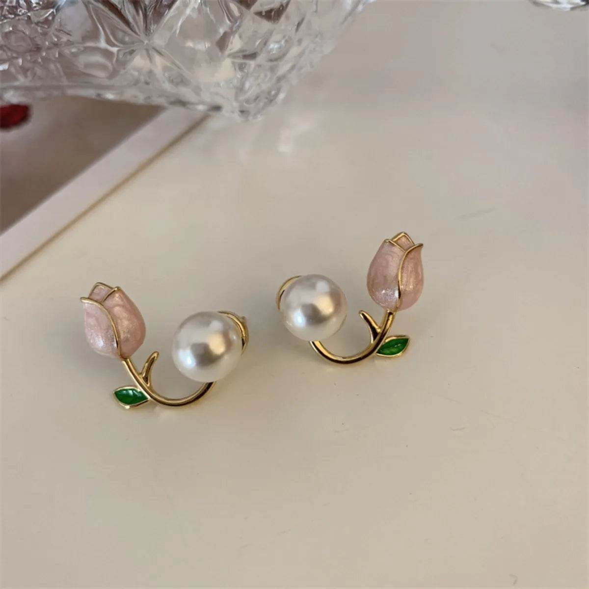 Tulip Flower, Pearl Stud Earrings
