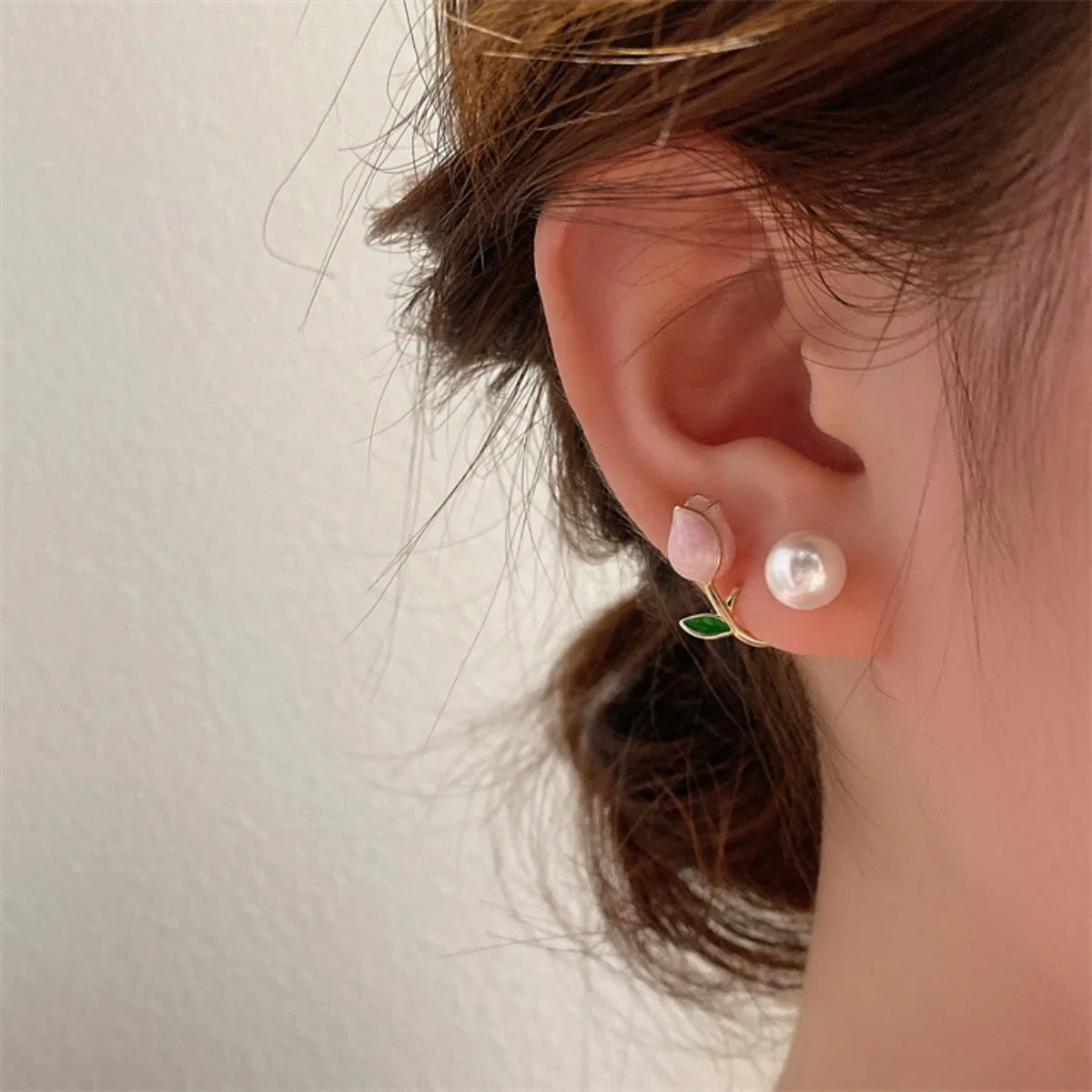 Tulip Flower, Pearl Stud Earrings