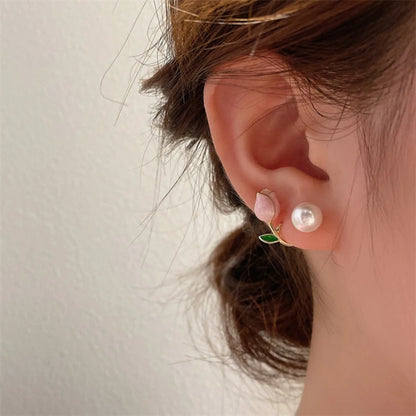Tulip Flower, Pearl Stud Earrings