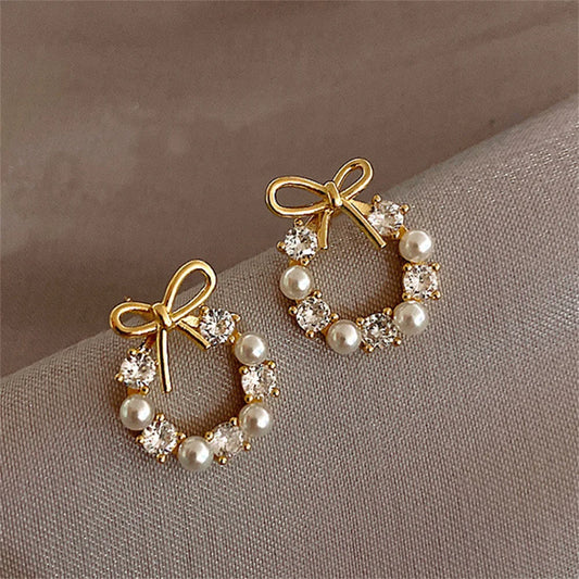 Bow Crystal Pearl Earrings