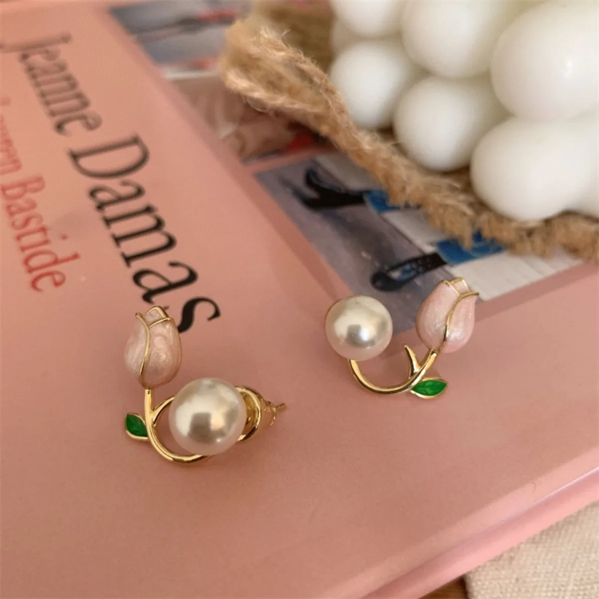 Tulip Flower, Pearl Stud Earrings