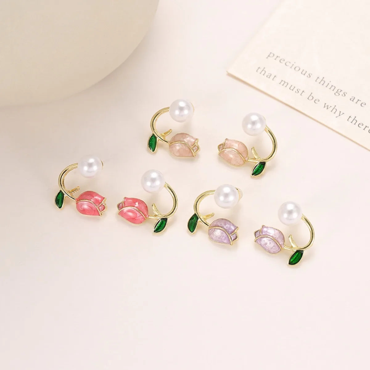 Tulip Flower, Pearl Stud Earrings
