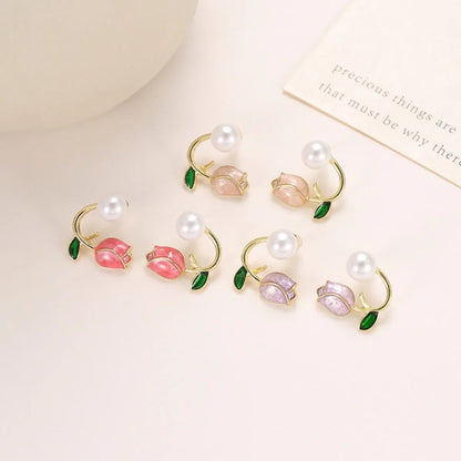Tulip Flower, Pearl Stud Earrings
