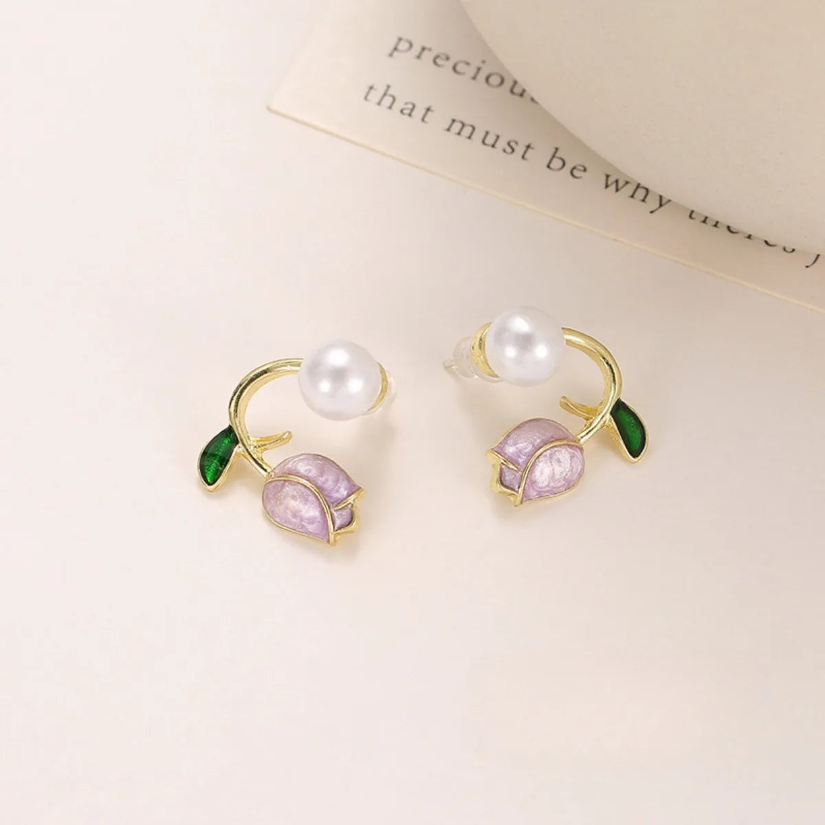Tulip Flower, Pearl Stud Earrings