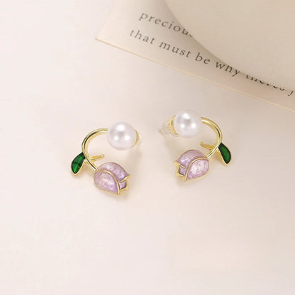 Tulip Flower, Pearl Stud Earrings