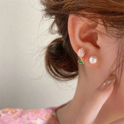 Tulip Flower, Pearl Stud Earrings