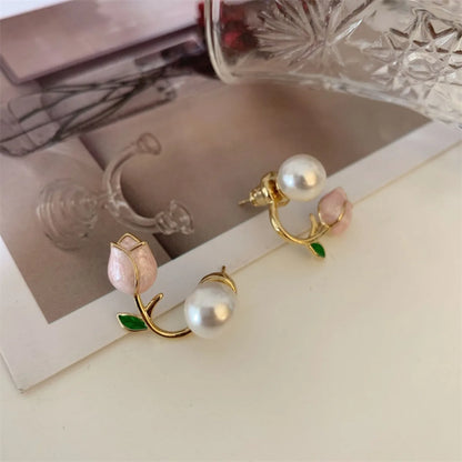 Tulip Flower, Pearl Stud Earrings