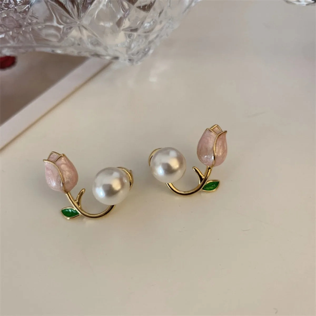 Tulip Flower, Pearl Stud Earrings