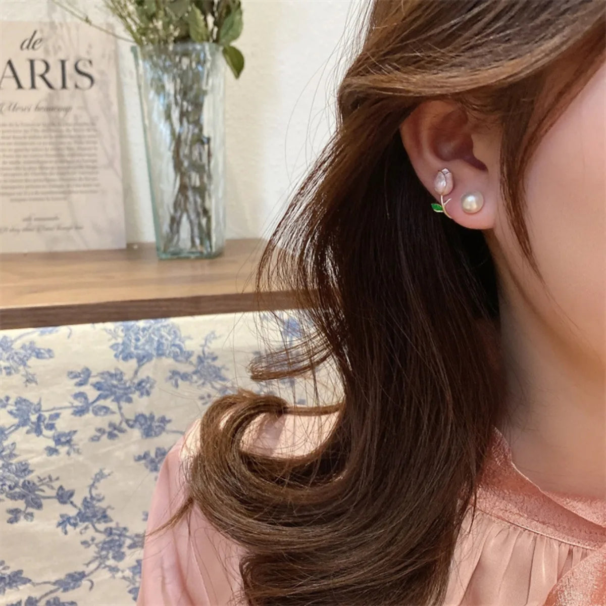 Tulip Flower, Pearl Stud Earrings